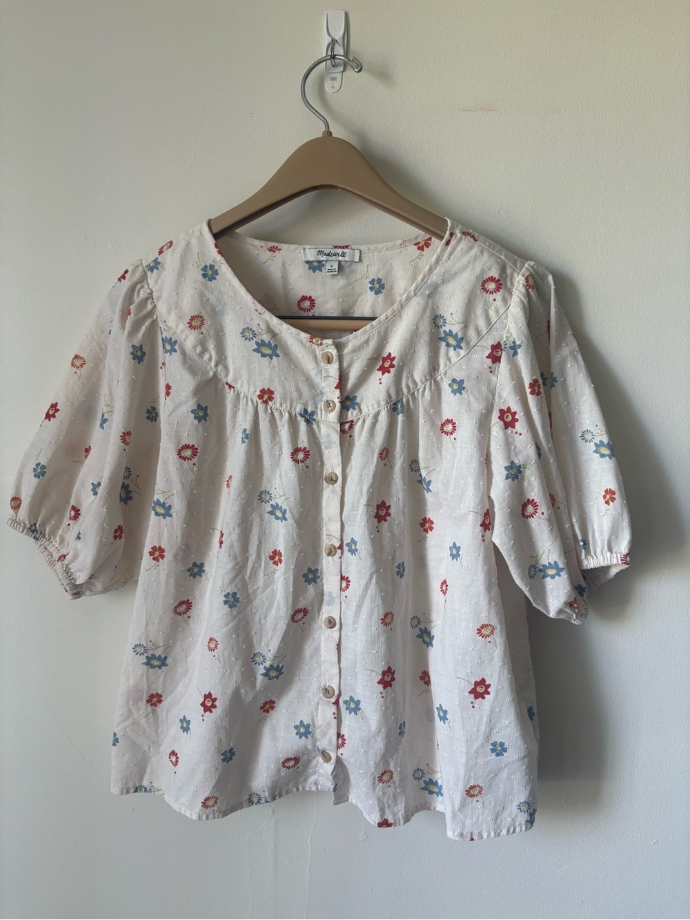 Madewell Happy Hibiscus Swiss Dot Floral Puff Sleeve Blouse M